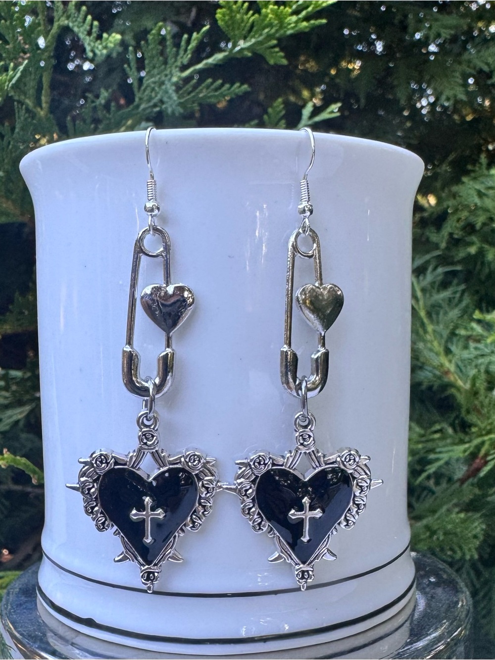 Gothic Punk Silver Heart Cross Drop Earrings - Black Enamel 3” drop